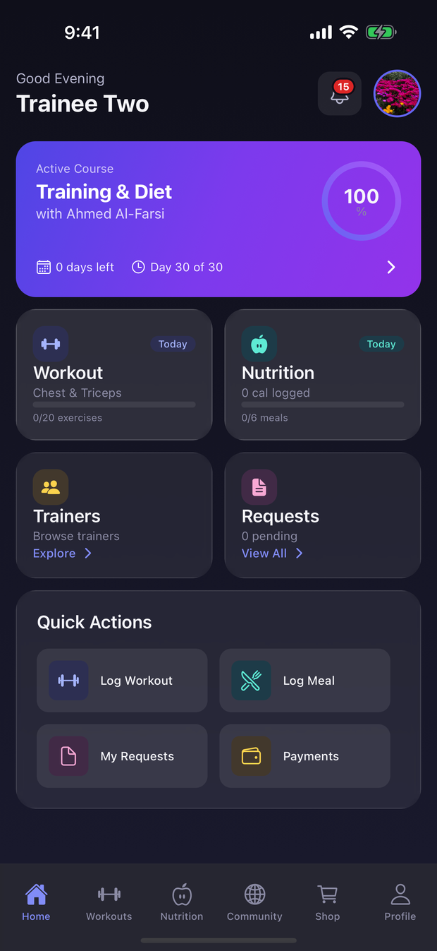 The QuFit home screen showing today's workout, nutrition and the active course