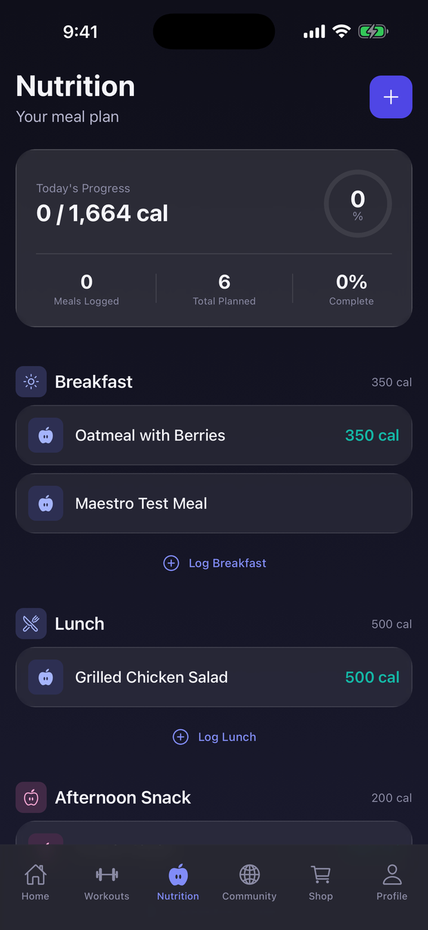 Nutrition screen showing calorie progress and the day's planned meals
