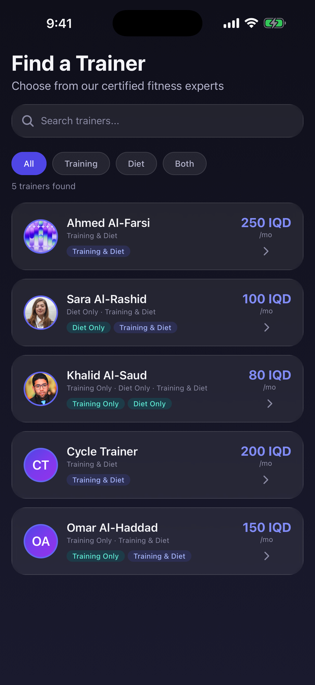 Browsing trainers, each with their services and pricing